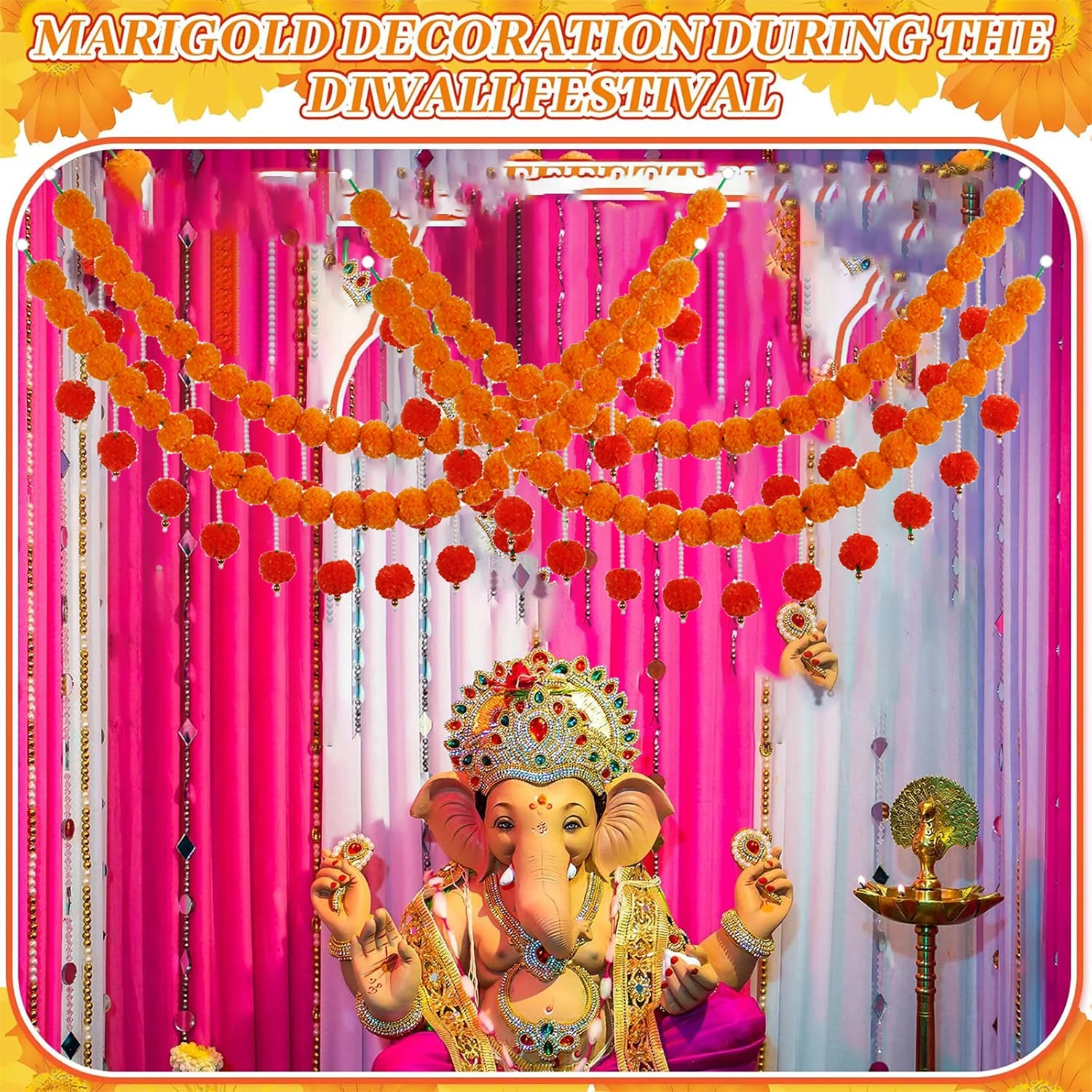 2-10pcs Marigold Flower Garland For Decoration Artificial Flower Garland Pooja, Diwali,Mexican Party ,Day of The Dead Decor