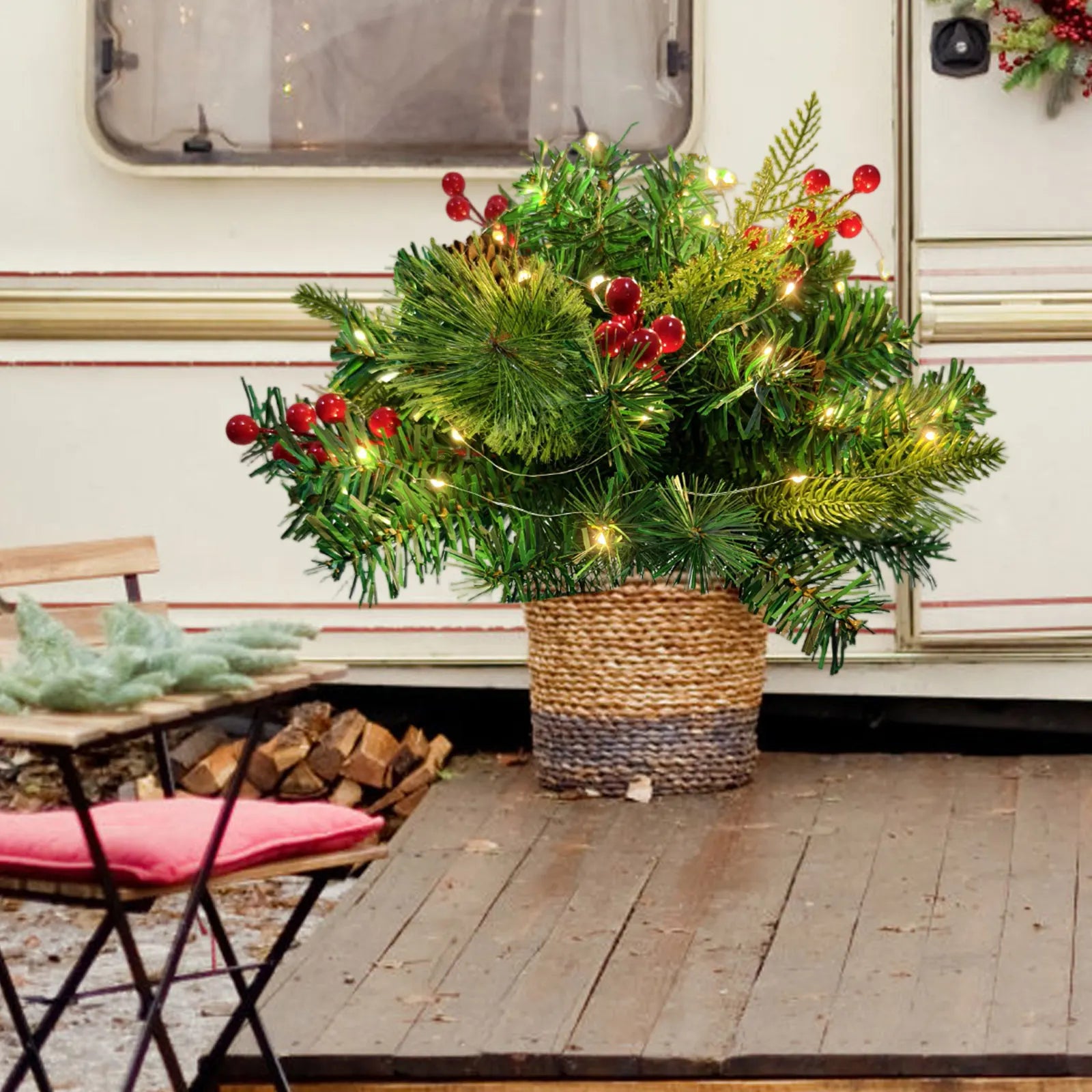 Christmas Outdoor Simulation Of The Courtyard Decorated With Glowing Needles And Red Garden Orranment Christmas Holiday Decor