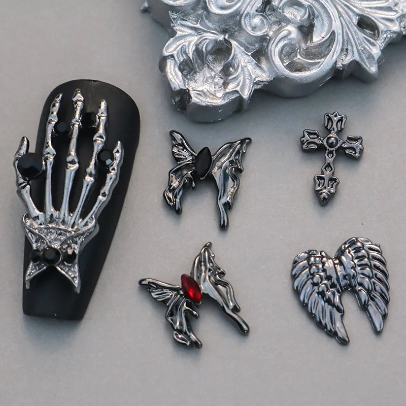 10PCS Black Iron Cross Skull Nail Charms Parts Butterfly Wing Accessories Halloween Nail Art Decoration Design Supplies Material
