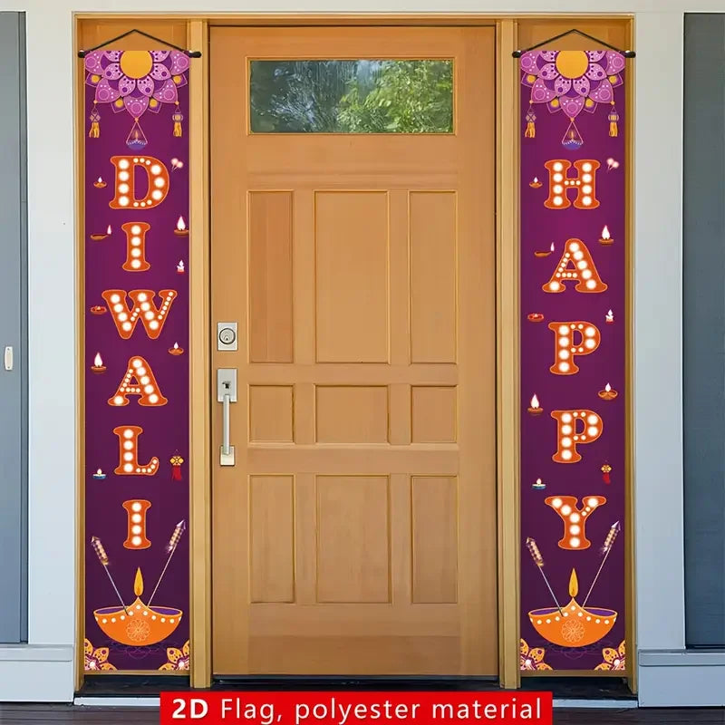 VIKAMA2pcs Purple Diwali Festival Door Banner Set for Festive Party Decorations and Entrance Ornaments with Couplets