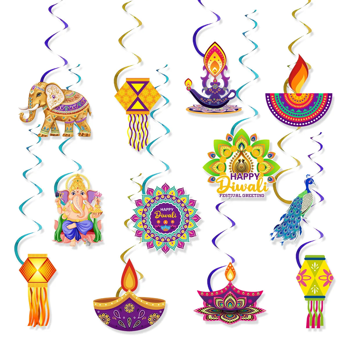 Happy Diwali Party Banner Spiral Banner Swirl Hanging Garland Cupcake Topper for India Diwali Festival Theme Party Decoration