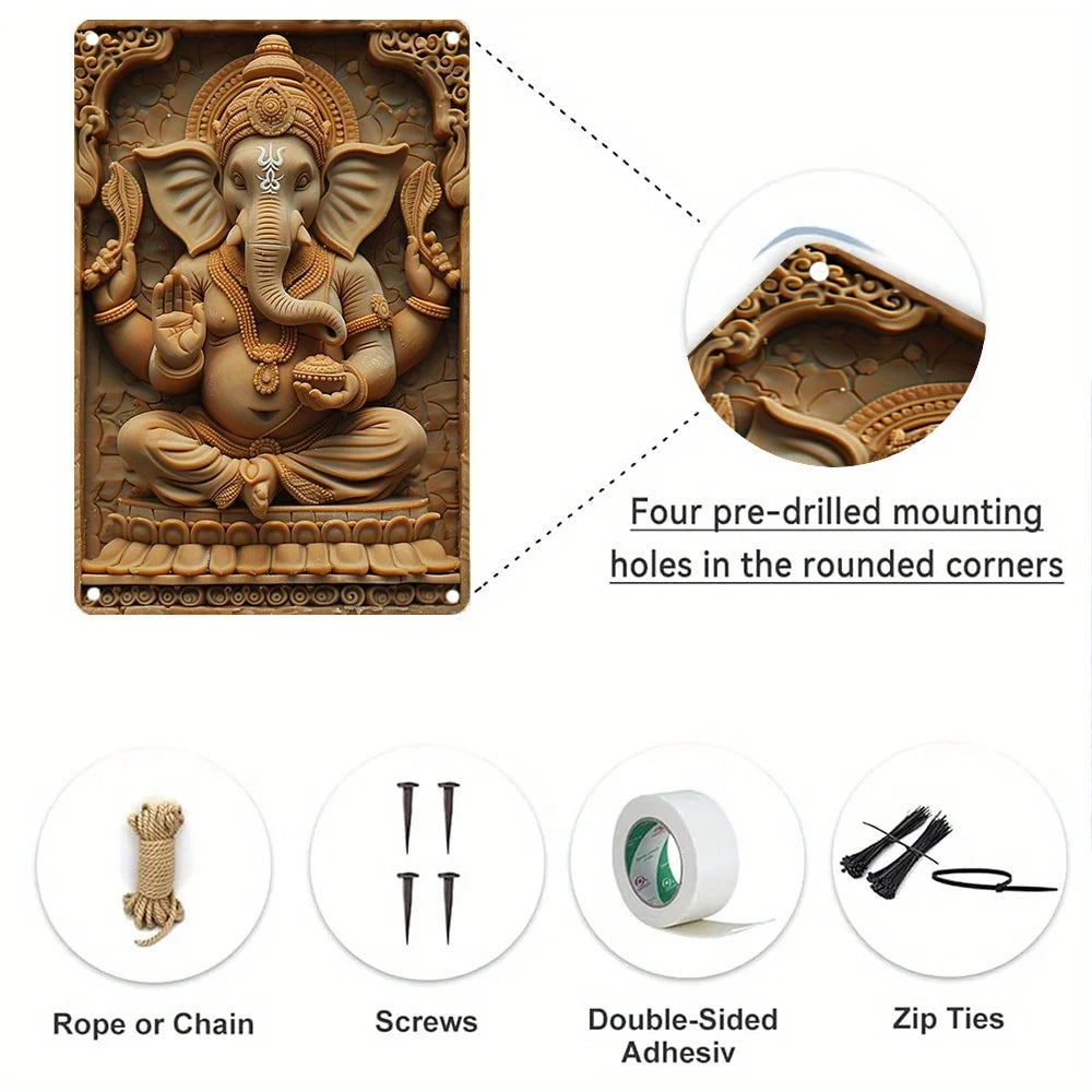 1Pc Ganesha Aluminum Wall Art, 8x12 Inch Moisture Resistant 2D Embossed Hindu Deity Plaque, High Durability Metal