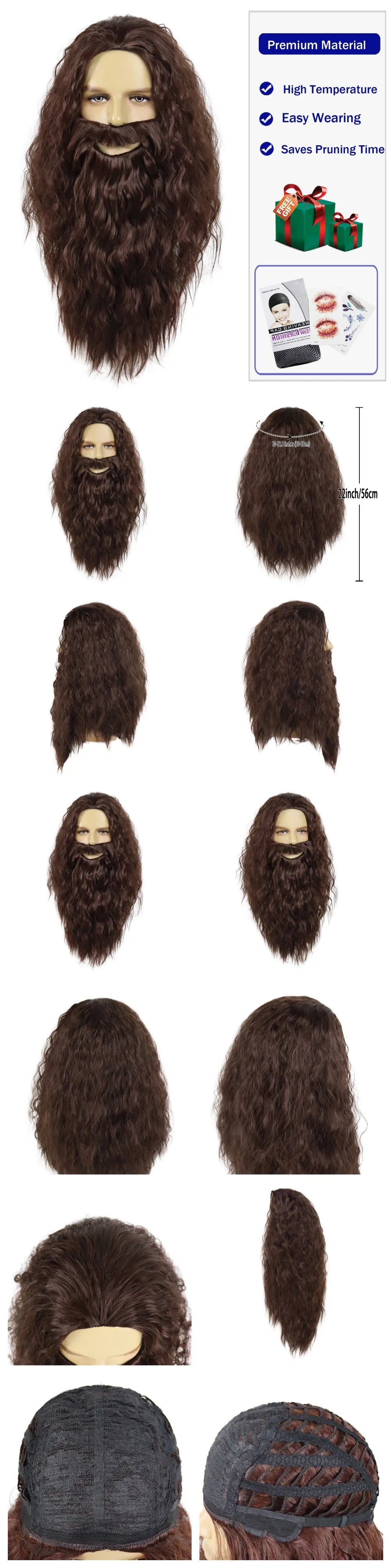 Dumbledore Wigs Synthetic Hair Long Curly Wavy Wizard Grey Wig and Beard for Men Cosplay Accessory Party Halloween Dress Costume