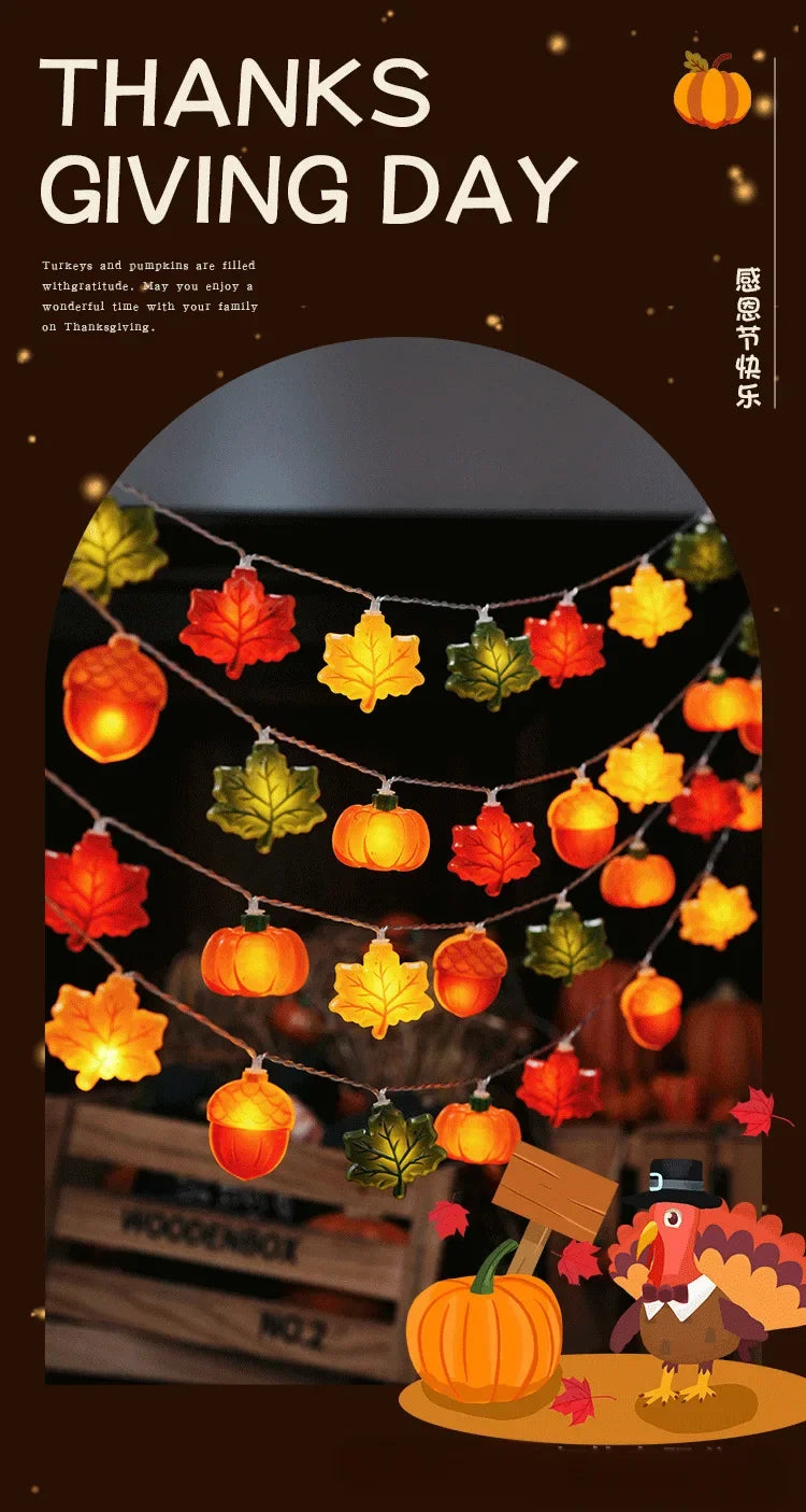 1.5/3m Halloween LED Pumpkin Light String Nut Maple Leaf Lamp Home Christmas Party Decoration Hanging Lights Thanksgiving Gifts