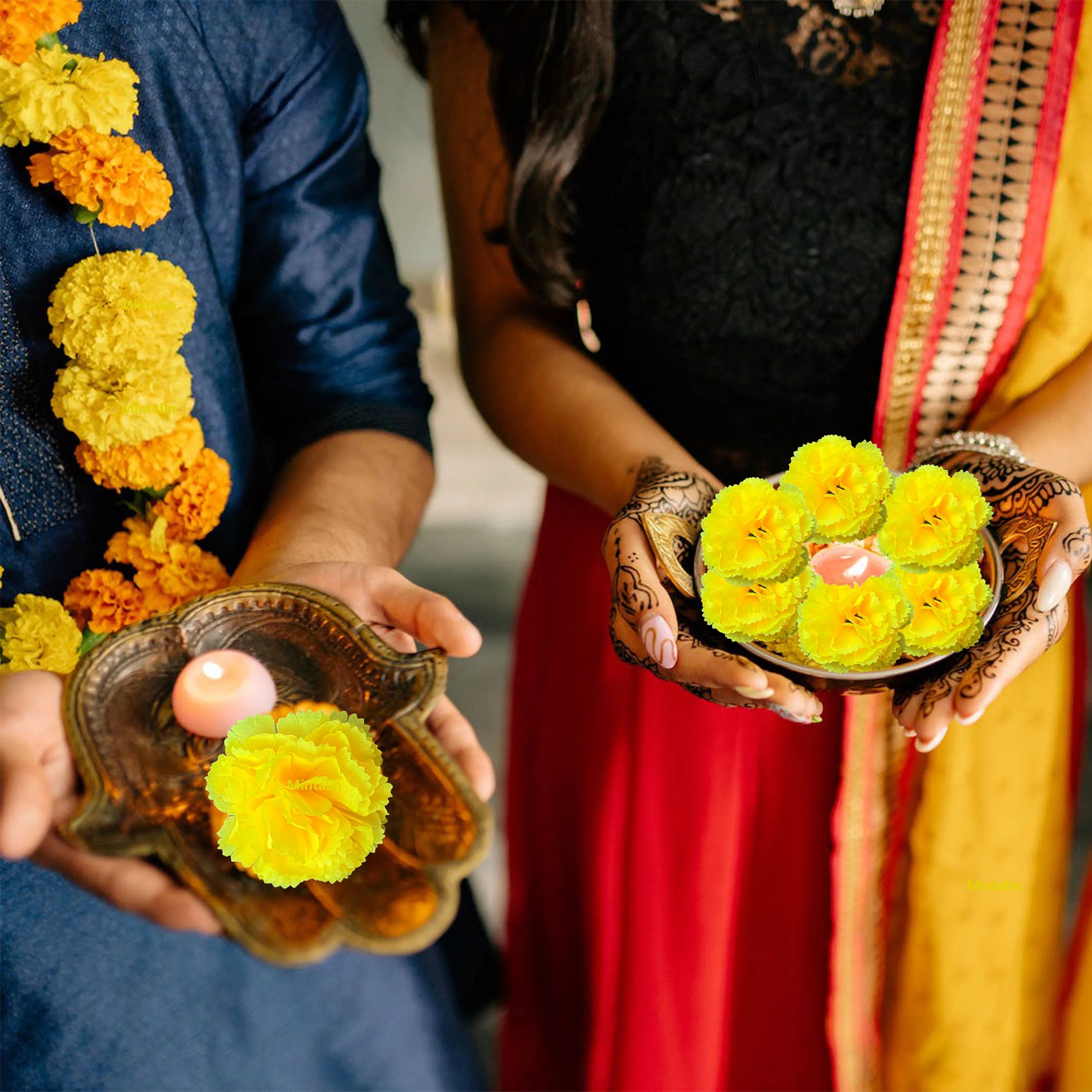 I5Opcs Marigold Flower Heads Bulk for Indian Pooja Bush Floral for Diwali Home Decor DIY Wreath Garland Craft