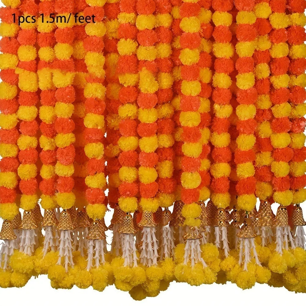 Long Strands Artificial Marigold Garland Pooja Diwali Fiesta Indian Décor Marigold Flower Garlands Reusable Events Decor