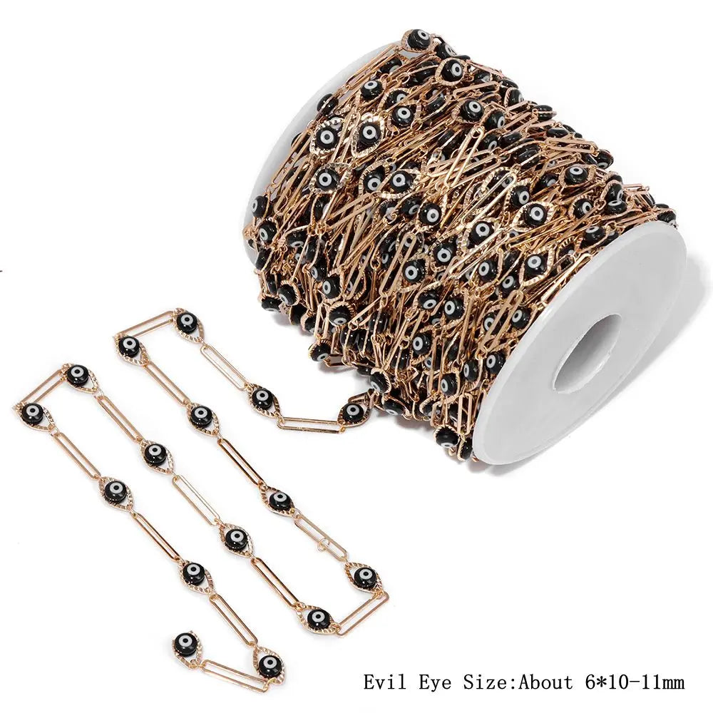 Colorful Evil Eye Beads Chains Stainless Steel Link Pearl Beaded Chains Turkey Eye Link Chain for Necklace Making Jewelry DIY