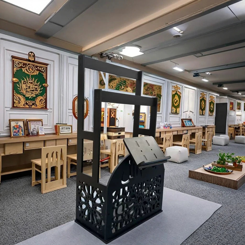 Decorative Wooden Prayer Rack via Shelf with Standing Prayer Mat Installation