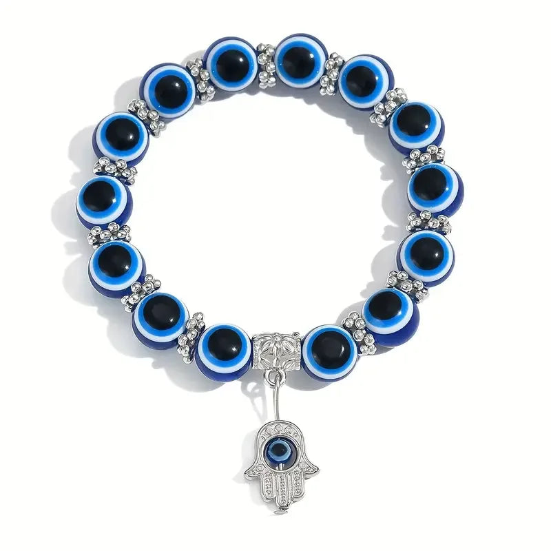 Evil Eye Beaded Bracelet w/Hand Charm | Adjustable Boho Jewelry, Blue Eyes Beaded Minimalist, Vintage Chic Everyday Wear