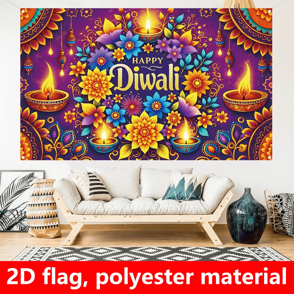 1 extra large Diwali decoration flag, dark purple background Indian festival party banner, floral pattern