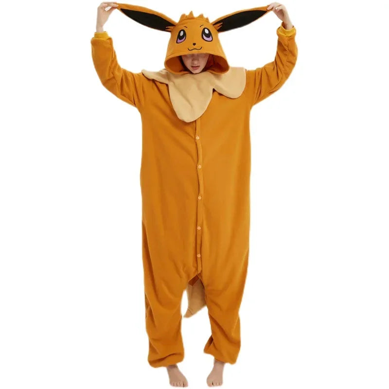 Brown Eevee Adult Onesies Kigurumi Cartoon Animal Fleece Unisex Pyjama Halloween Christmas Cosplay Holiday Party Clothes