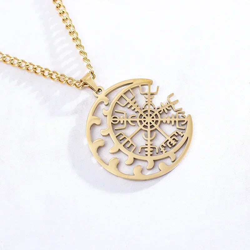 Gold Color Cross Compass Polaris Pendant Round Coin Necklace Men and Women Charm Hip Hop Rock Casual Party Jewelry Gift