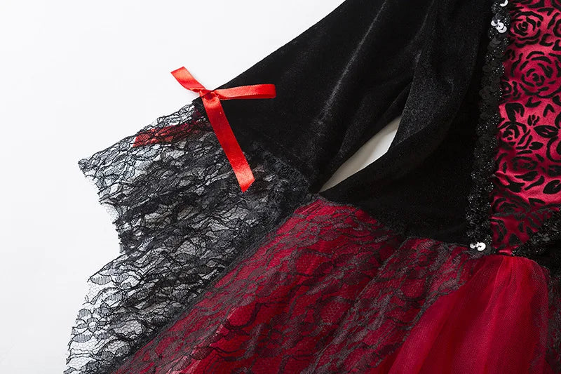 Vampire Halloween Dress for Kid Ghost Bride Gothic Witch Cosplay Costume Carnival Party Black and Red Clothes Dresses for Girls