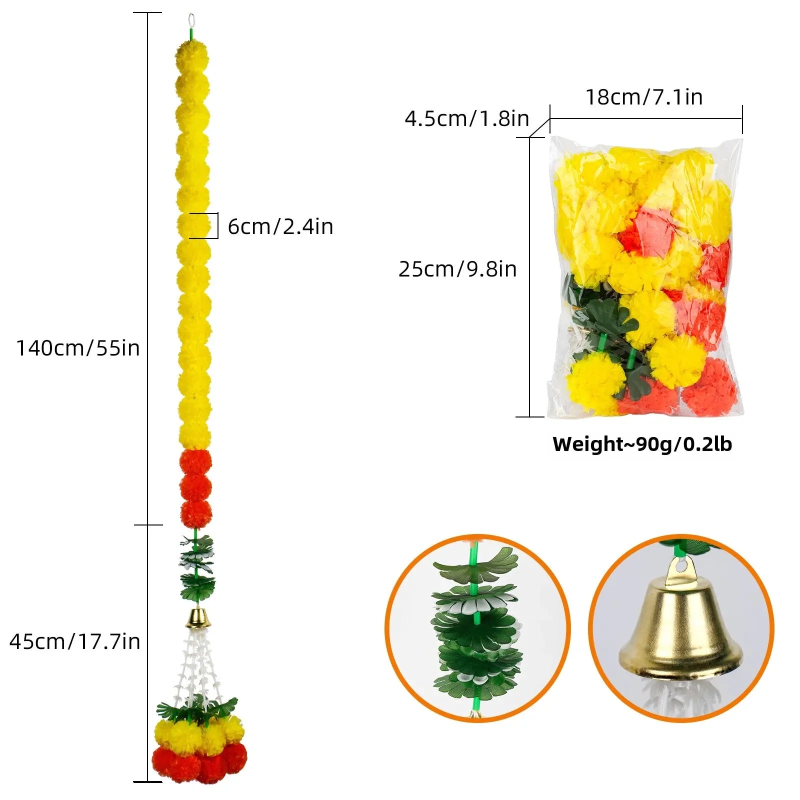 Plastic Marigold Flower Garland Artificial Festival Wreath for Diwali Celebration Day of The Dead Christmas Party Supplies