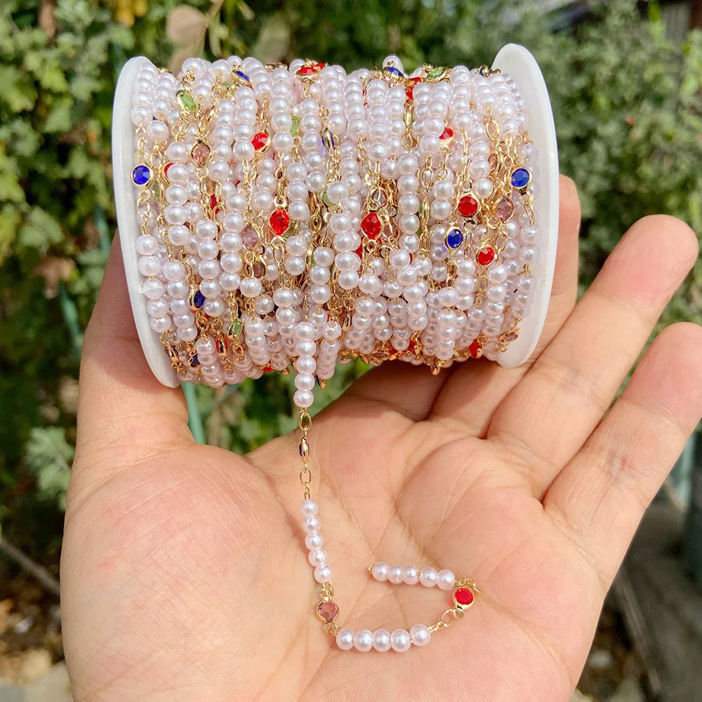 Colorful Evil Eye Beads Chains Stainless Steel Link Pearl Beaded Chains Turkey Eye Link Chain for Necklace Making Jewelry DIY