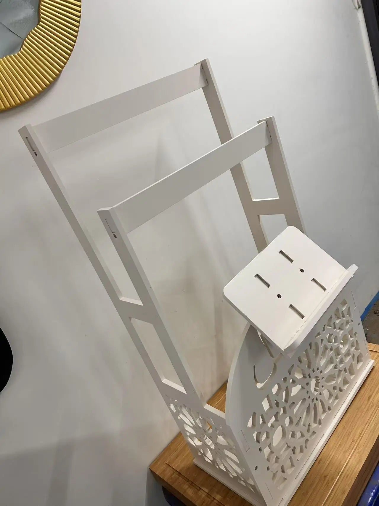 Decorative Wooden Prayer Rack via Shelf with Standing Prayer Mat Installation