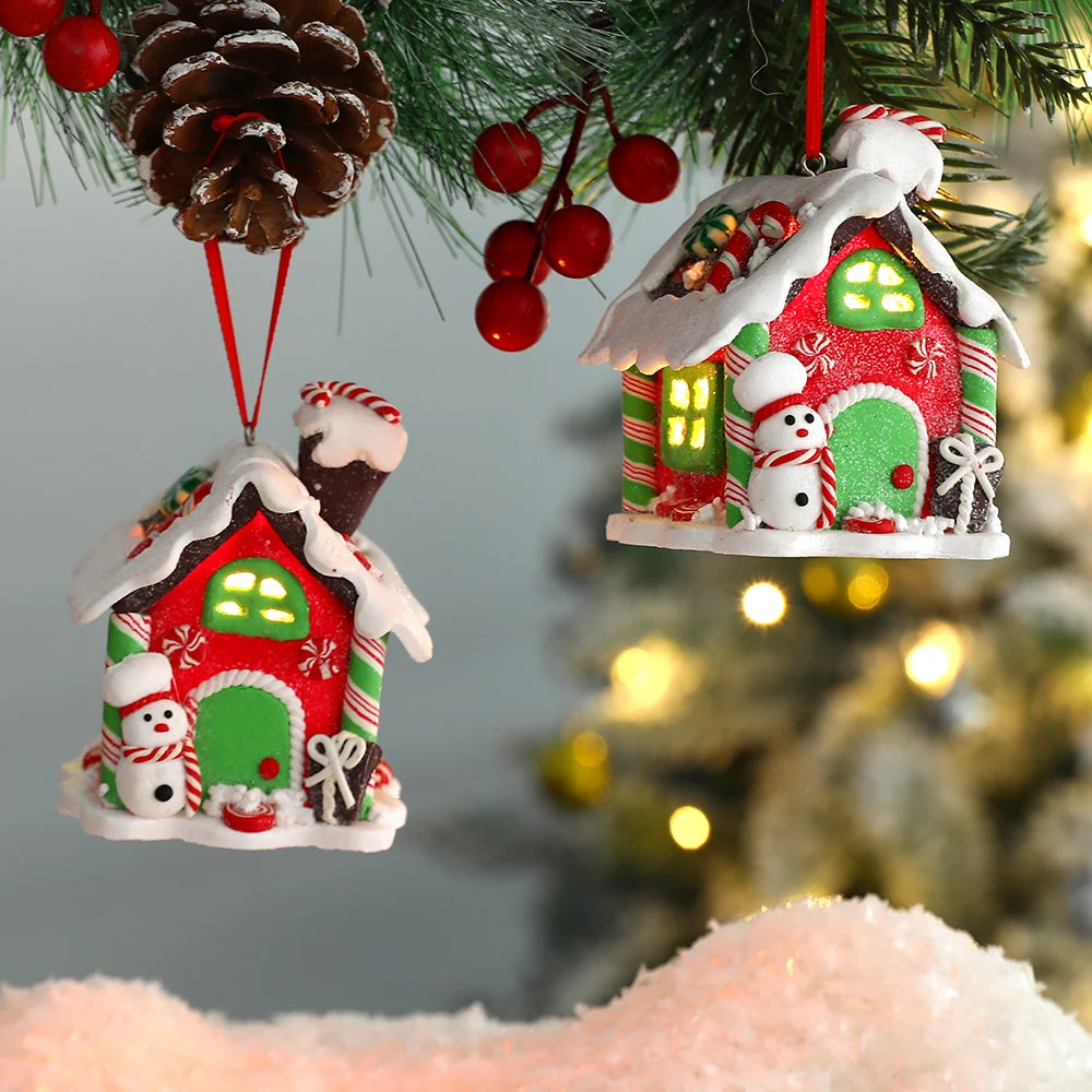 Christmas Theme LED Pendant Snowman Gingerbread Santa Claus Light House Soft Pottery Hanging Tree Home New Year Party Decoration