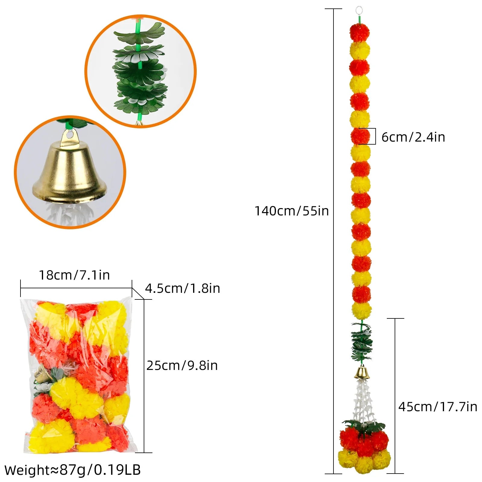 Marigold Garlands Artificial Flower for Indian Decoration Diwali Day of The Dead Halloween Party Festival Wreath Ornament