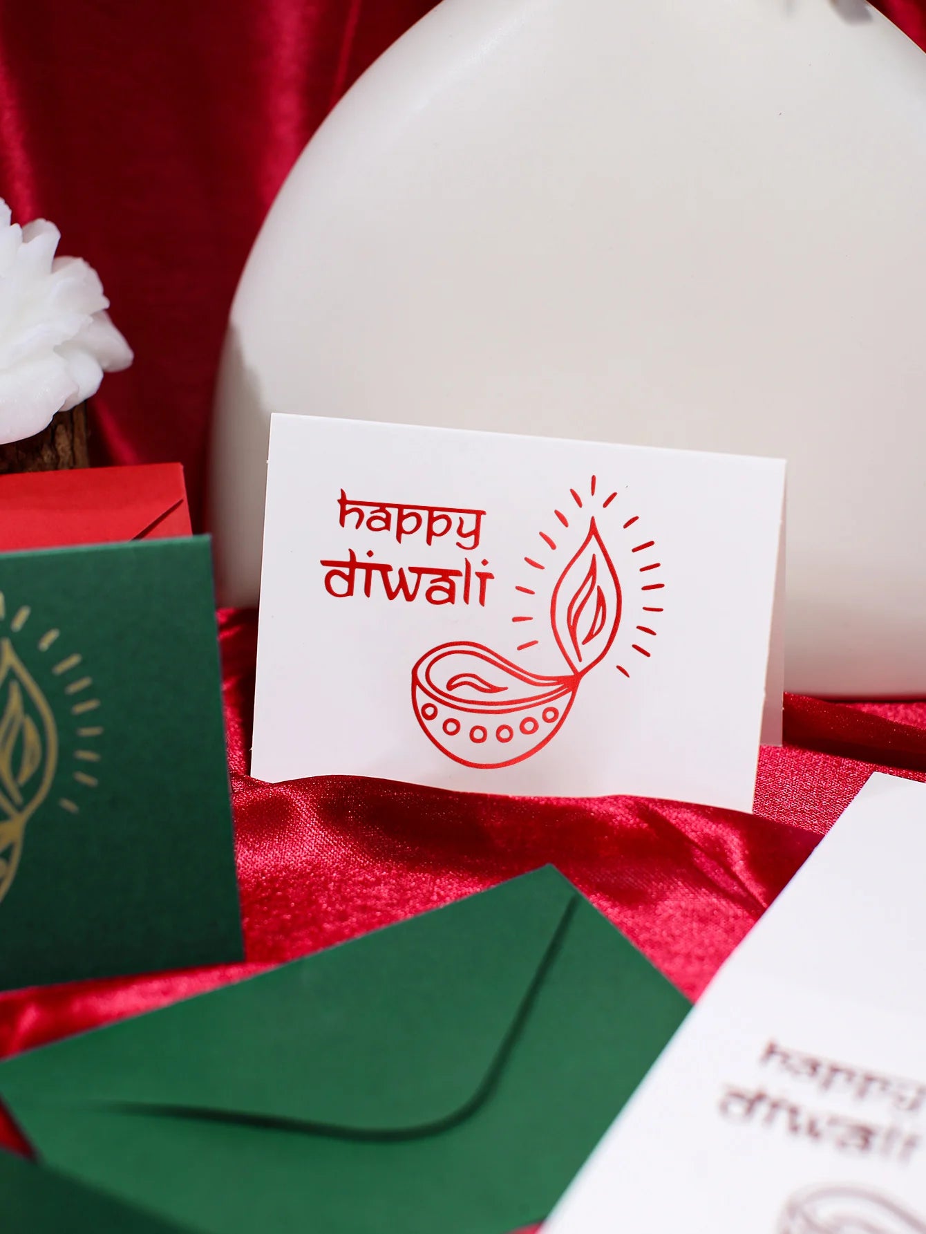 Diwali Greeting Cards and Envelopes Set, "Happy Diwali" with Diya Print, Assorted Colors (Green/Red/White), Festive Diwali Stati