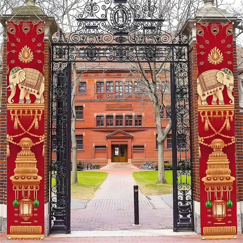 VIKAMA2pcs Diwali Porch Banner with Exotic Elephant Motifs Suitable for Indian Diwali Outdoor Courtyard Door Curtain Decorations