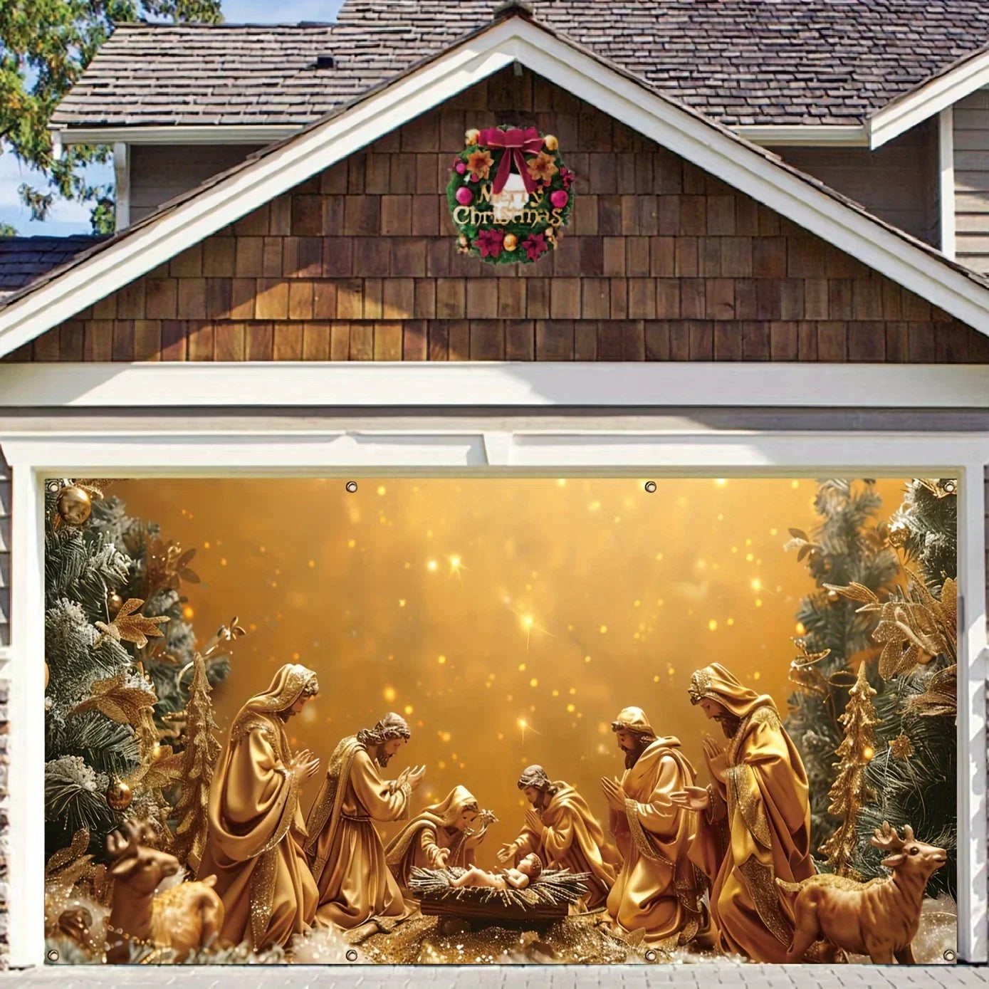 Christmas charm, Nativity scene garage banner - Outdoor holiday wall decoration, polyester background fabric