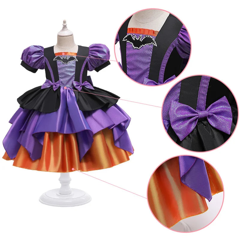 Children Girls Purple Puff Sleeve Sequins Big Bow Princess Dress For Kids Birthday Halloween Dress Up Carnival Party Gown