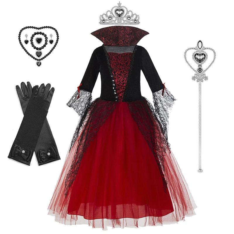 Vampire Halloween Dress for Kid Ghost Bride Gothic Witch Cosplay Costume Carnival Party Black and Red Clothes Dresses for Girls