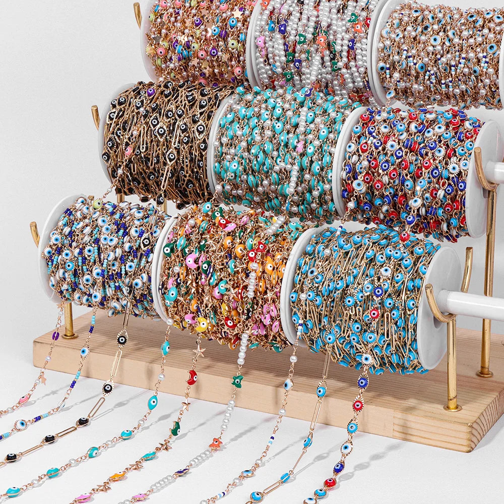 Colorful Evil Eye Beads Chains Stainless Steel Link Pearl Beaded Chains Turkey Eye Link Chain for Necklace Making Jewelry DIY