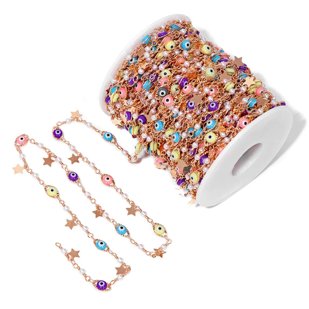 Colorful Evil Eye Beads Chains Stainless Steel Link Pearl Beaded Chains Turkey Eye Link Chain for Necklace Making Jewelry DIY