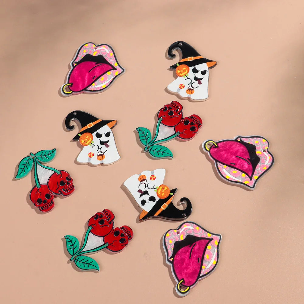 10pcs/lot Halloween Cute Charms Creative Ghost Pumpkin Acrylic Print Pendant for DIY Jewelry Making Necklace Earring Accessories