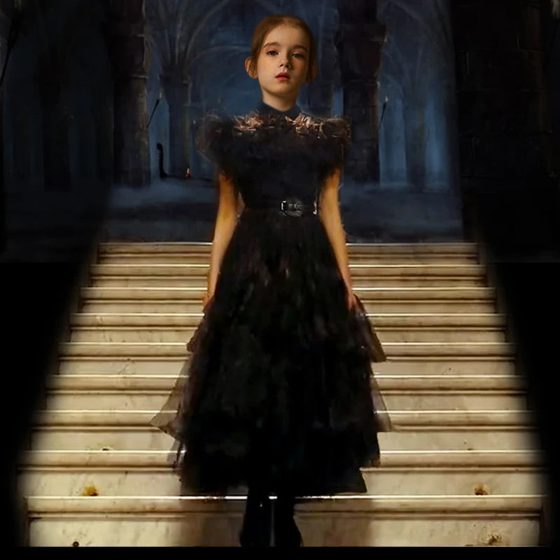 KLFLGD Black Lace Halloween Dress Up Girl's Birthday Party Performance Dress New Girl Role Playing Dress 4-12 Years Old