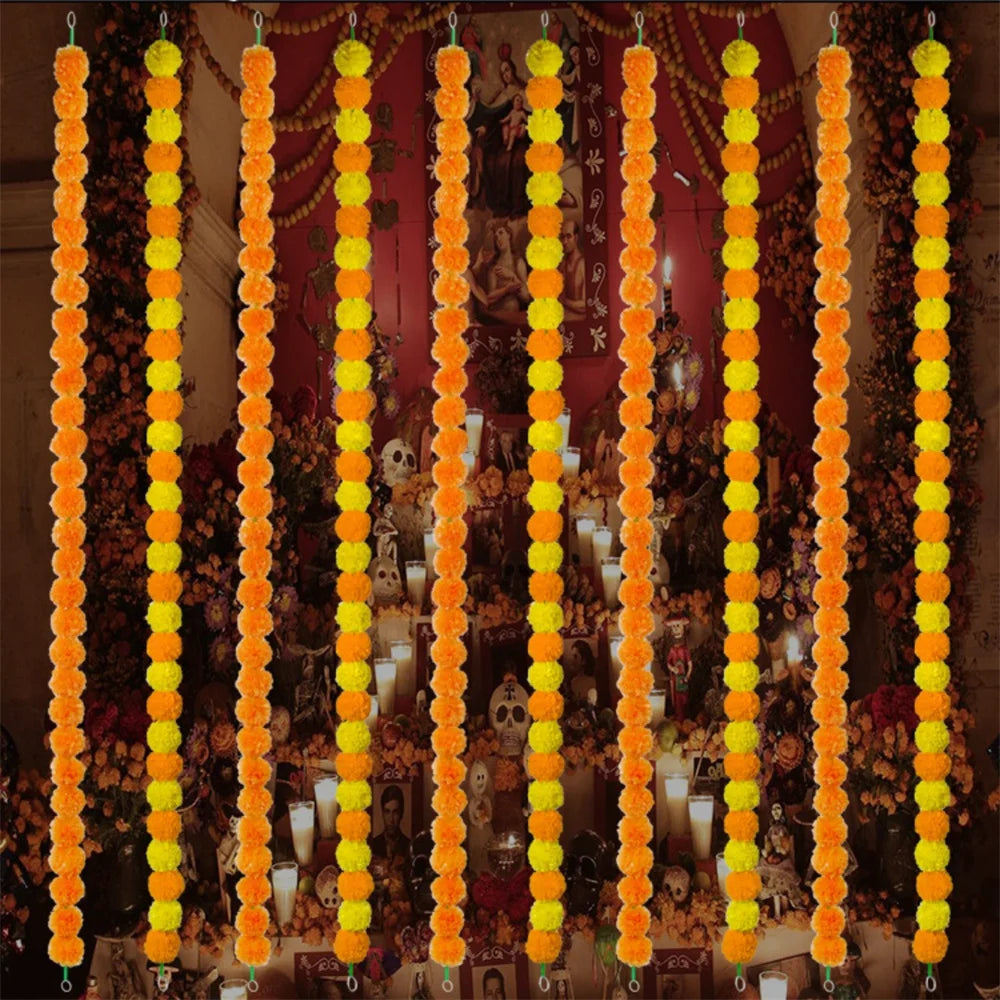 Artificial Marigold Garland For Diwali Wreath Indian Weddings Arch Decorations Garland Halloween Yard Hanging Flower Bar Strips