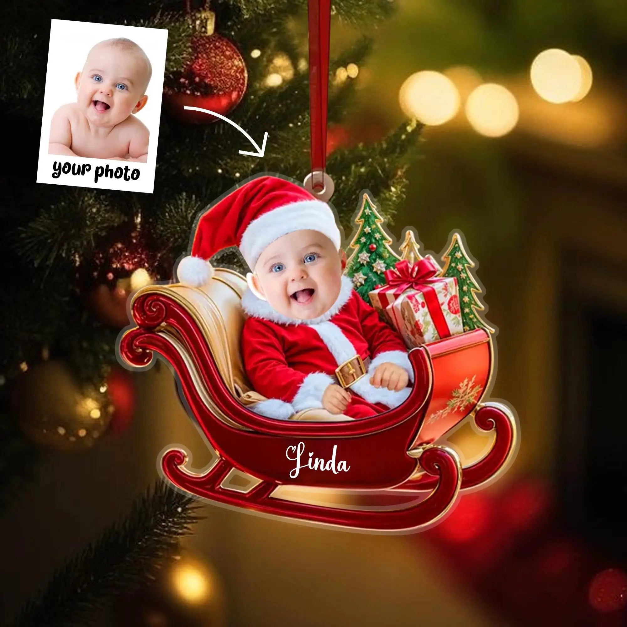 Christmas Car Ornament with Baby Photo, Personalized Name & Custom Text, Festive Holiday Hanging Decoration Keepsake