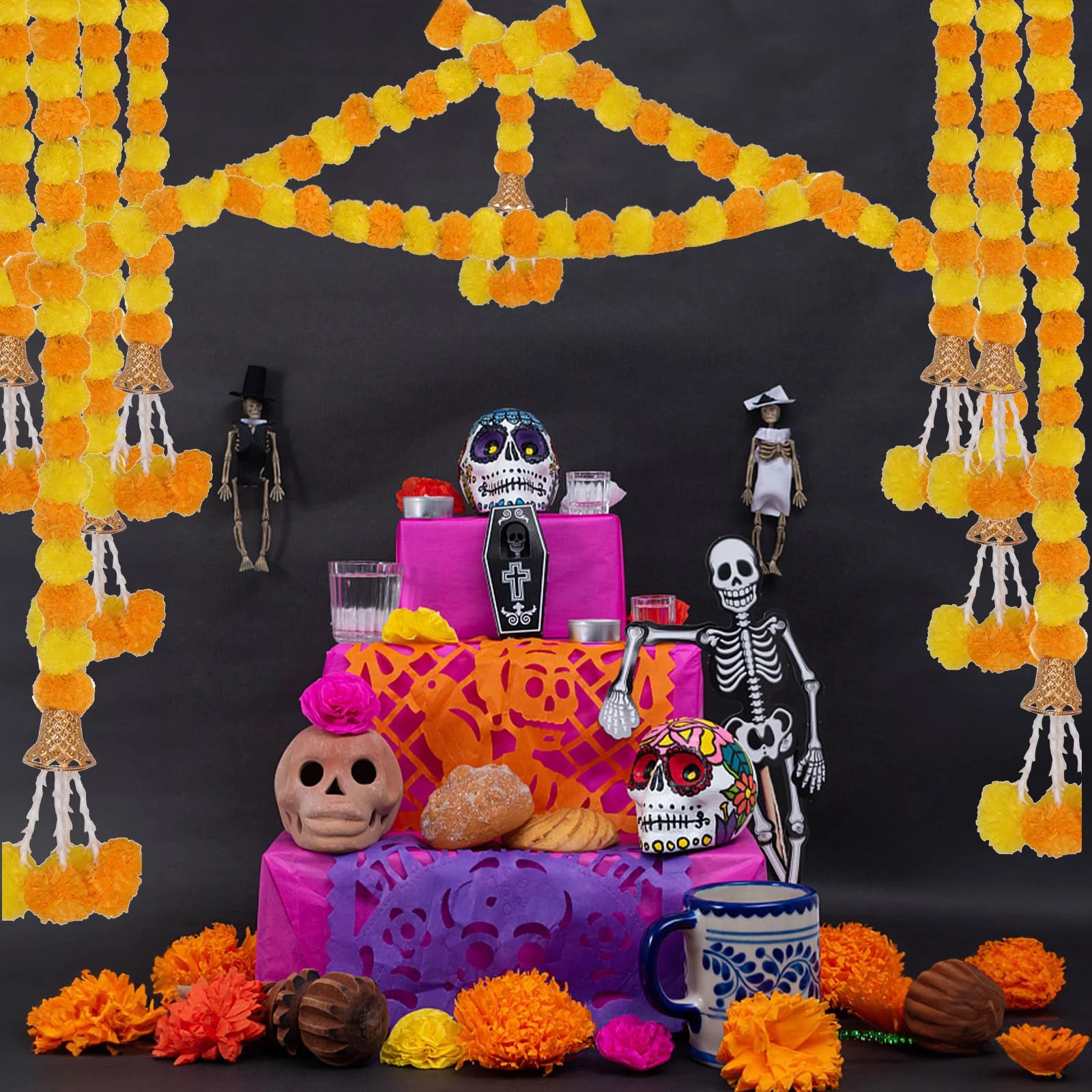 5-50pcs Marigold Flower Garlands 5 Ft Artificial Flower Garland Indian Décor,Pooja, Diwali, Fiesta Day of The Dead, Mexican Par