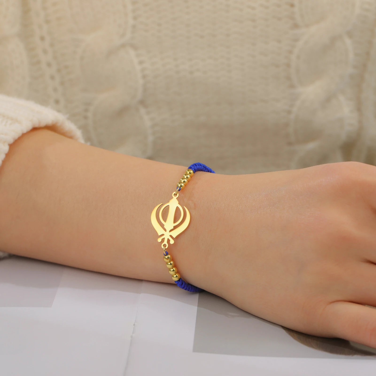 LIKGREAT Sikhism Adjustable Rope Bracelets for Women Men Stainless Steel Sikh Khanda Indian Pakistan Punjab Religious Jewelry