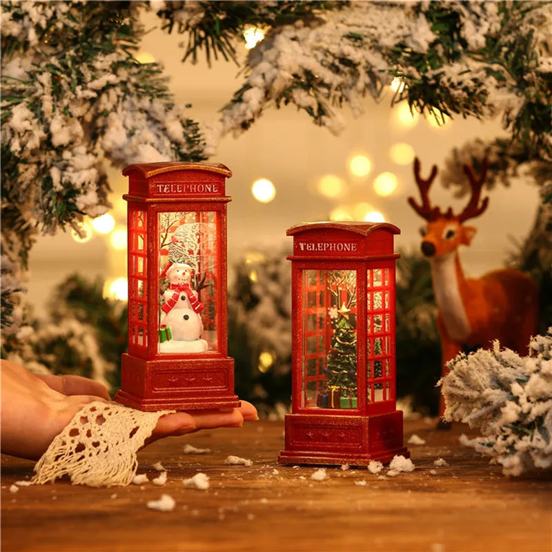 Christmas Decoration Desktop Ornament Luminous Telephone Booth With Snow Globes Spinning Water Swirling Glitter For Home Holiday