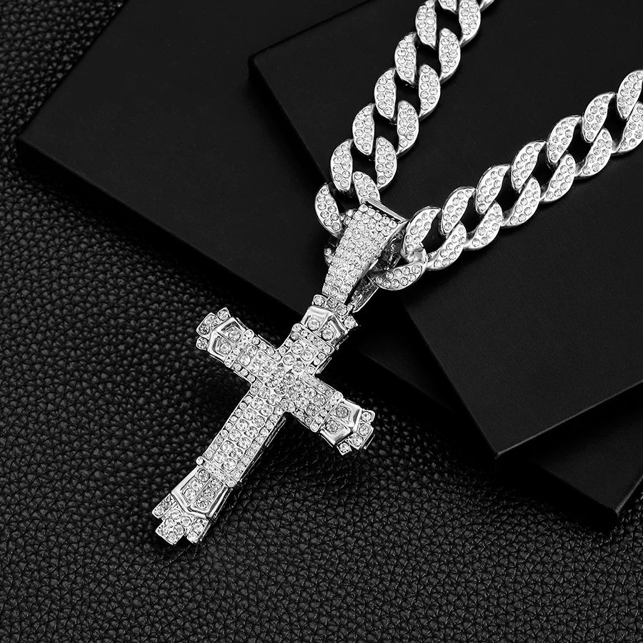 Cross Cross Pendant Necklace For Men Hip Hop Cuban Chain Bling Jewelry With Crystal Miami Cuban Chain fashion jewelry