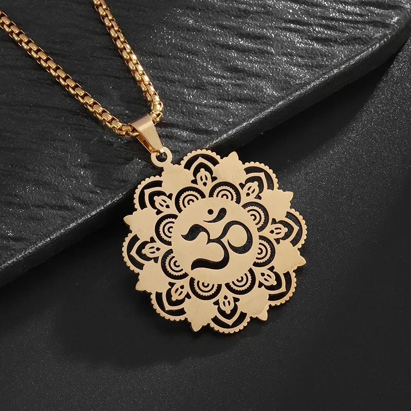 Stainless Steel Indian Religious Mandala Lotus Symbol Necklace Men Women Yoga Om Casual Jewelry