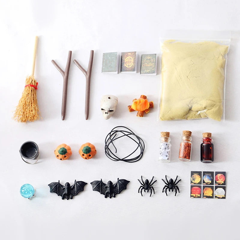 1Set 1:12 Dollhouse Halloween Horror Decor Toy Bat Skull Broom Spider Ornament Outdoor Decoration