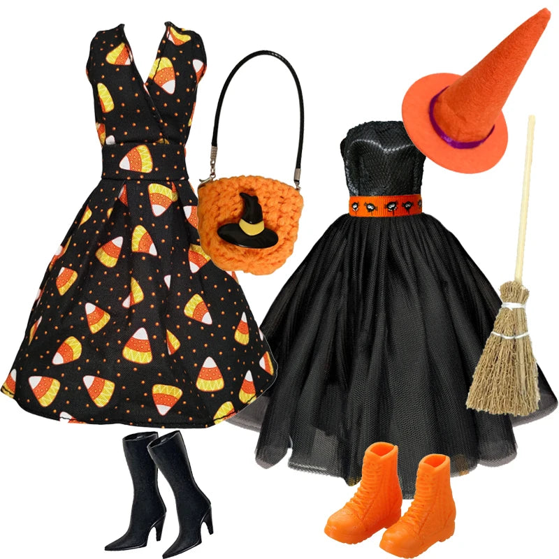1/6 Doll Cosplay Clothes Halloween dress Witch Cap Belts Bag Broom Outfits for 12inch BJD Doll 30cm Doll Barbi Xinyi FR Doll