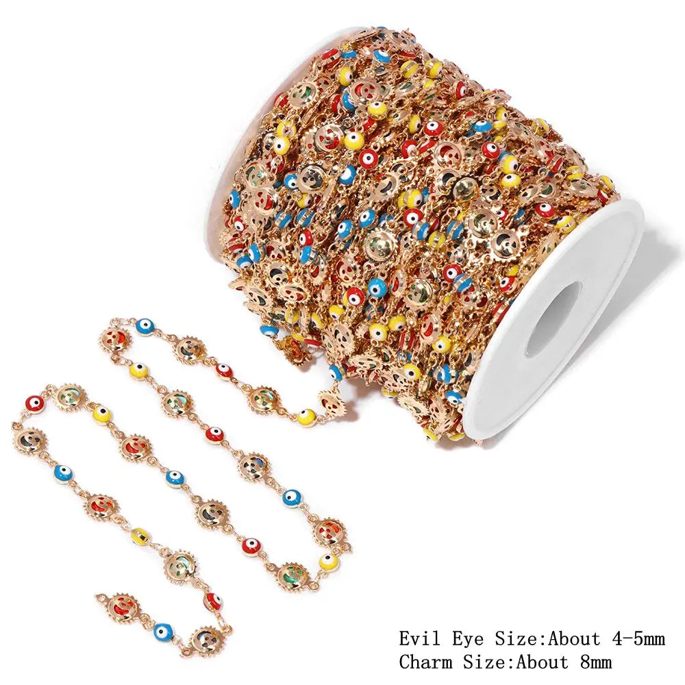Colorful Evil Eye Beads Chains Stainless Steel Link Pearl Beaded Chains Turkey Eye Link Chain for Necklace Making Jewelry DIY