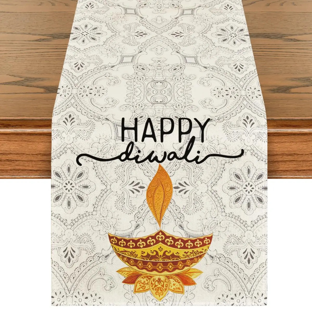 Happy Diwali Table Runner, Festival of Light Marigold Holiday Kitchen Dining Table Decoration for Home Party Decor