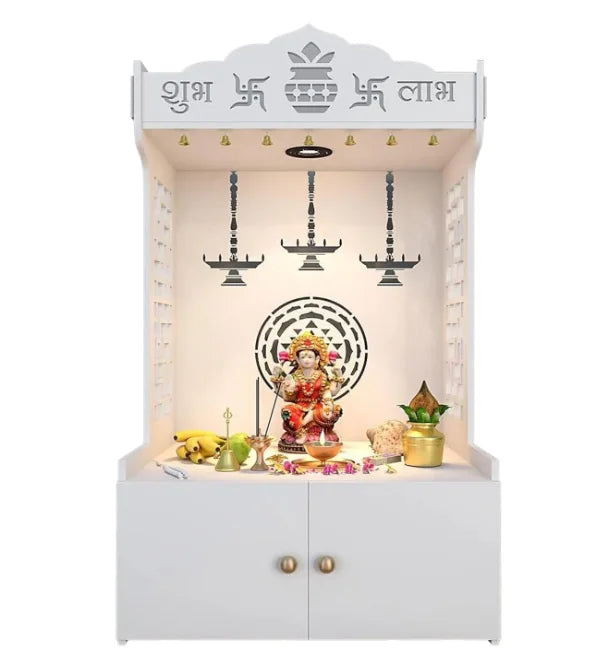 Trading World Wooden Temple Mandir Offers Spacious Built-in Shelf Focusing Lights for Families