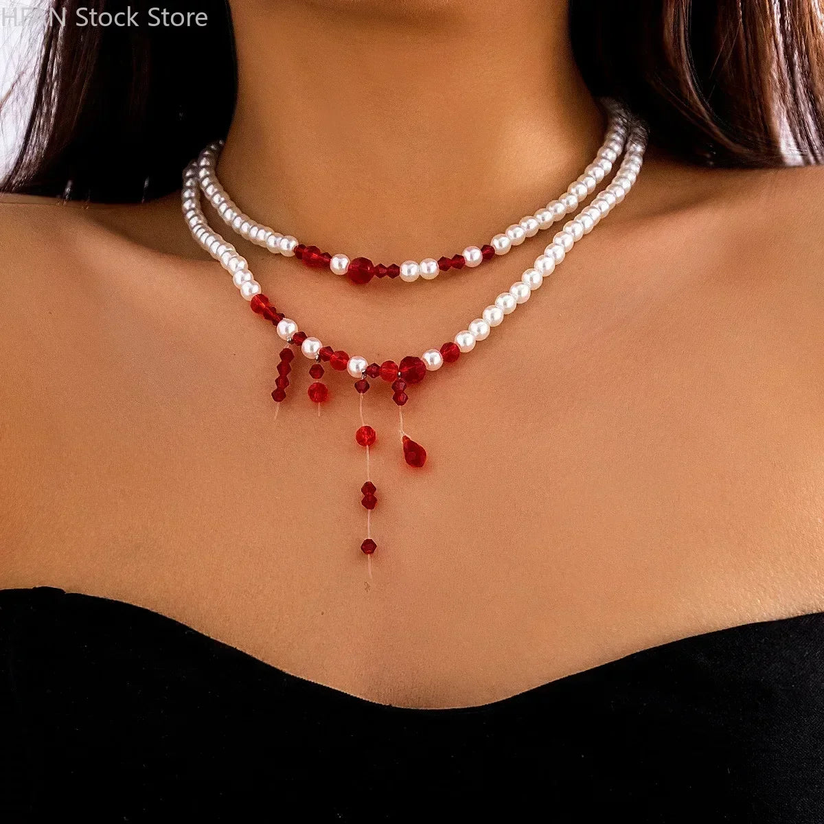 Necklace Dripping Blood Imitation Pearls Womens Necklace Halloween Choker Gothic Style Pearls Creative Tassel Choker Necklace