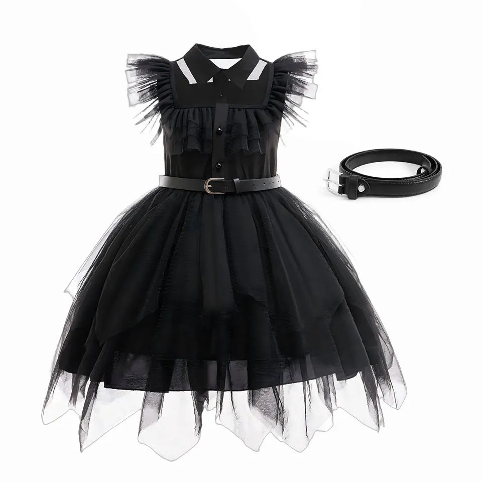 2025 Movie Weirdo Wensday Role Play Costume with Belt Wed. Season 2 Girl Prom Gown Soft Frock Gothic Black Adams Halloween Dress