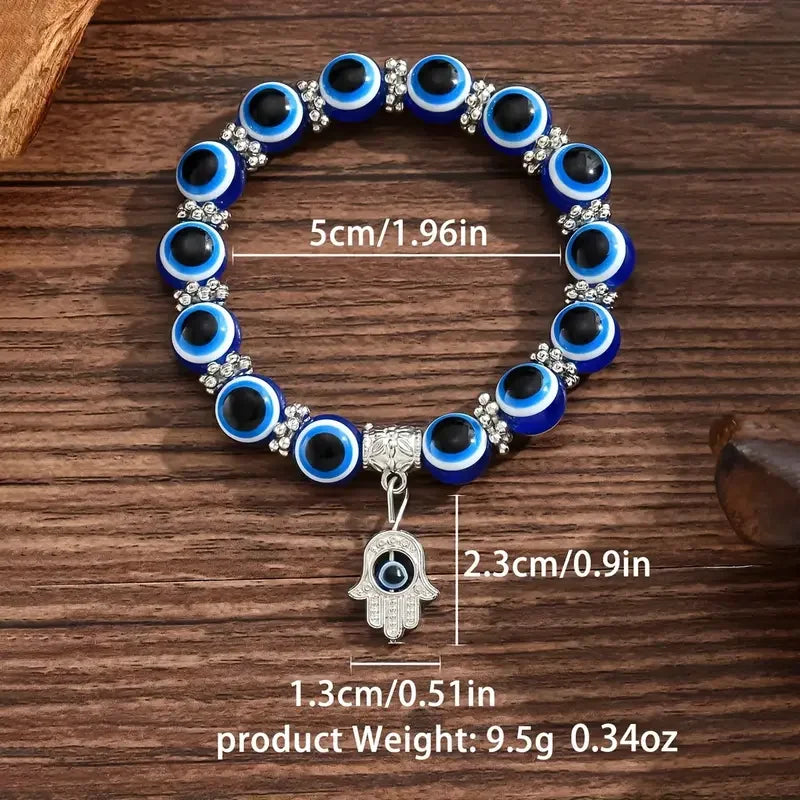 Evil Eye Beaded Bracelet w/Hand Charm | Adjustable Boho Jewelry, Blue Eyes Beaded Minimalist, Vintage Chic Everyday Wear
