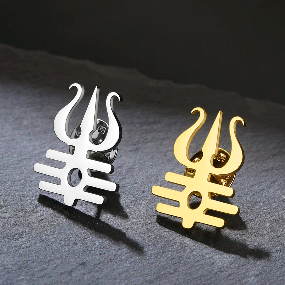 Dawapara Lord Shiva Trident Brooch Mantra Buddhism Hindu God Blessing Symbol Lapel Pins Stainless Steel Jewelry