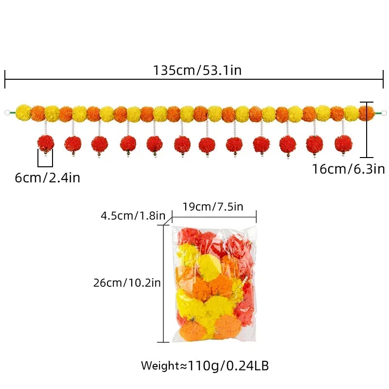 Plastic Marigold Flower Garland Artificial Festival Wreath for Diwali Celebration Day of The Dead Christmas Party Supplies