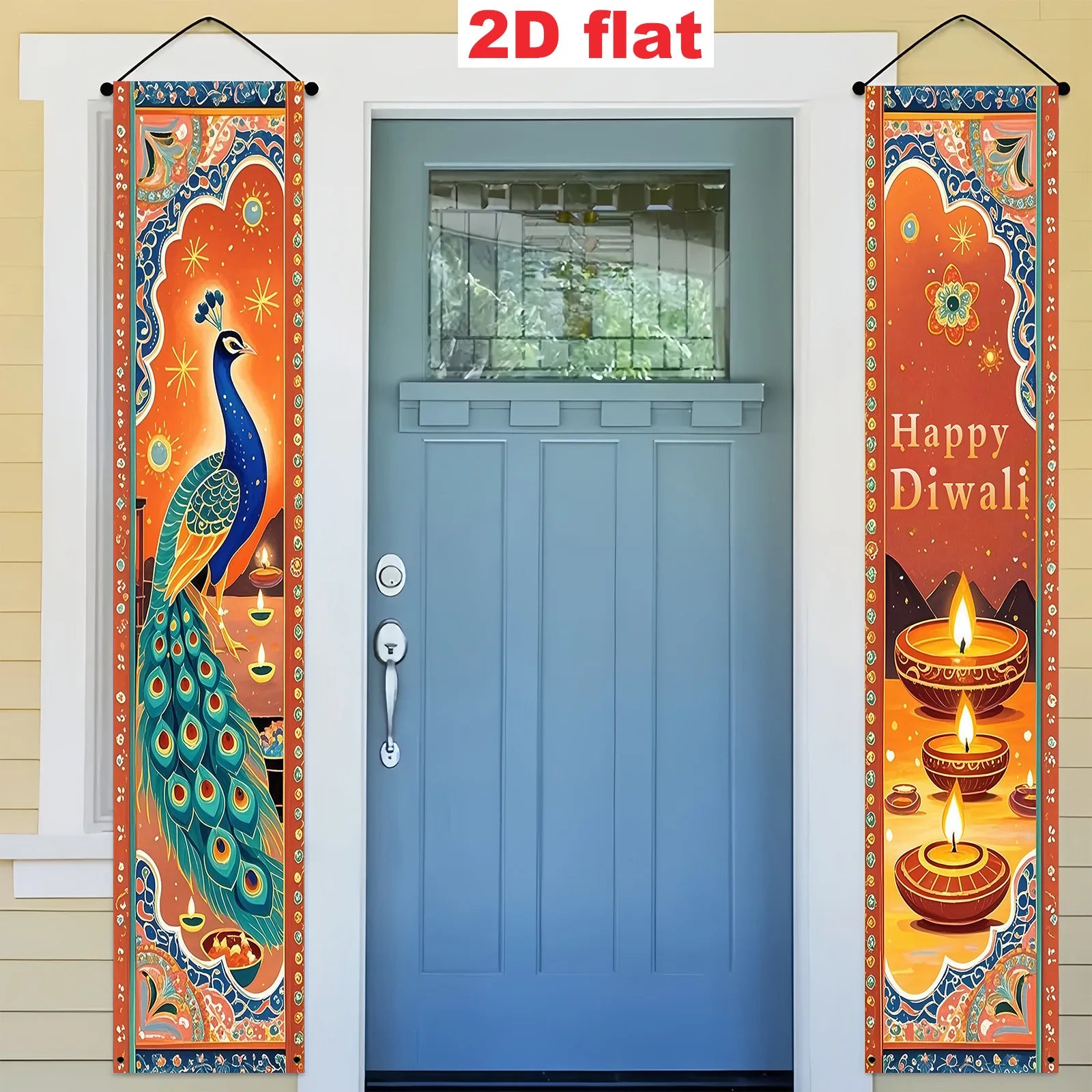 Indian Diwali Theme Decoration Welcome Door Couplets, Peacock, and Oil Lamp Decoration Design