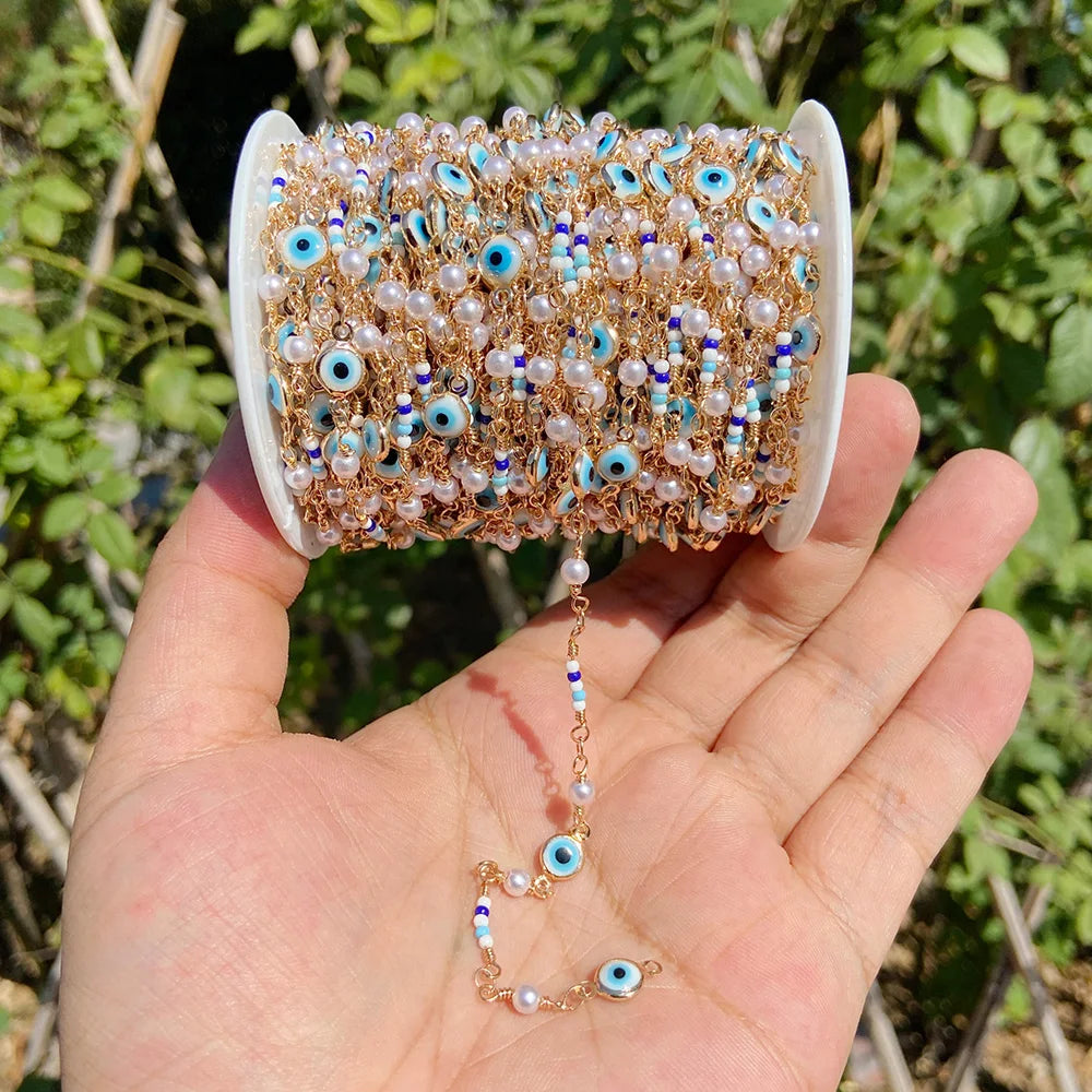 Colorful Evil Eye Beads Chains Stainless Steel Link Pearl Beaded Chains Turkey Eye Link Chain for Necklace Making Jewelry DIY